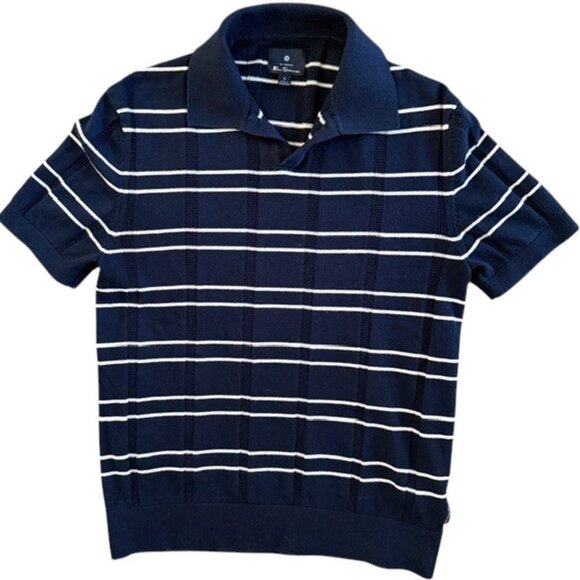 BEN SHERMAN Navy Blue and White Striped Short Sleeve Polo Sweater Small - Picture 1 of 11